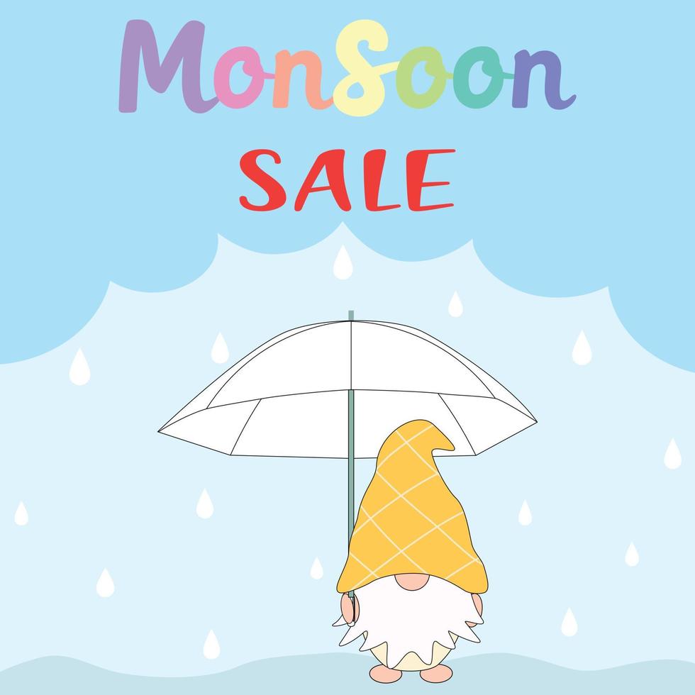 Vector - Rainbow wording Monsoon Sale with cute Gnome holding umbrella on raining day background. Can be use for advertising, banner, poster, label or web. Business on season.