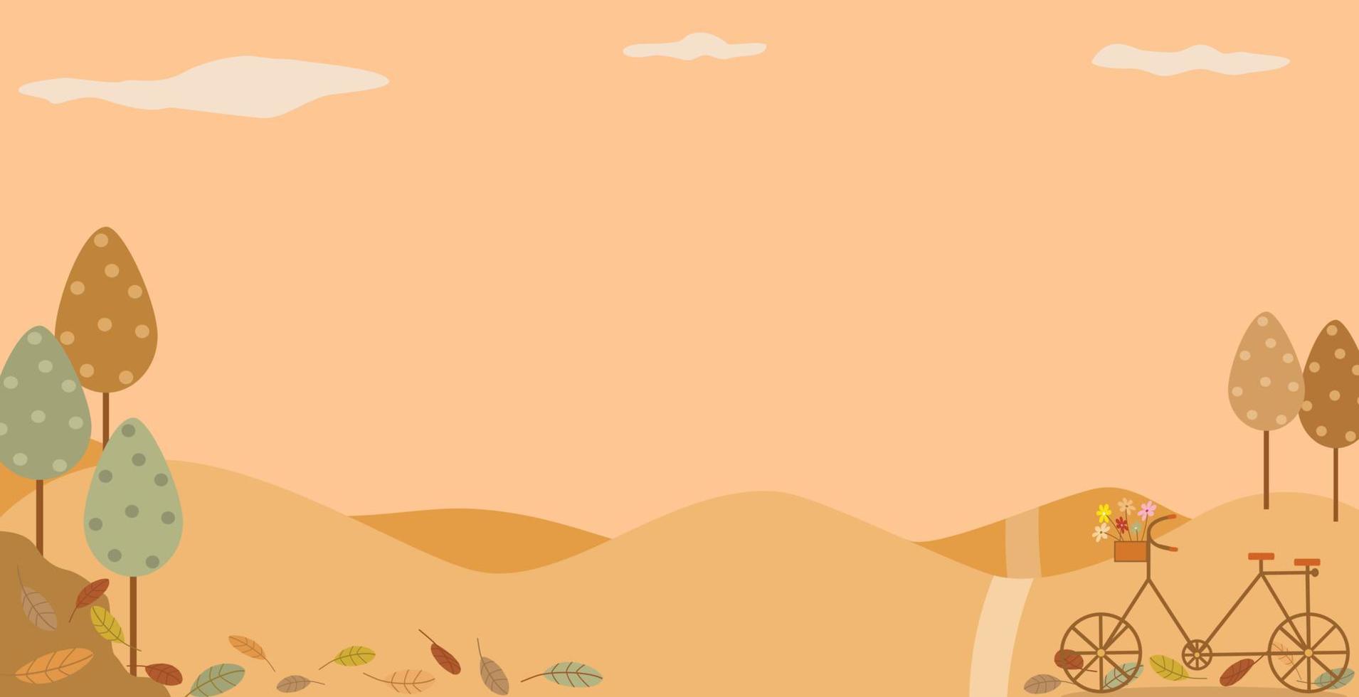 Vector - Landscape view of Autumn season with mountain, leaves falling, bicycle on orange sky. Copy space. Natural scene.