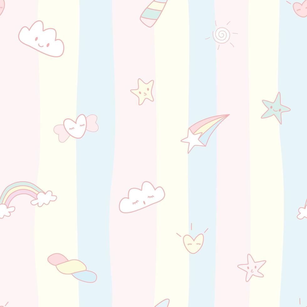 Vector - Abstract seamless pattern of unicorn concept. Cloud, sky, hearts, rainbow. Can be use for any card, postcard, print, paper, wallpaper, fabric.