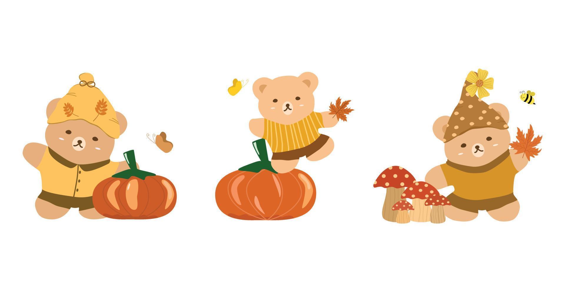 Vector - Cute set of Teddy bear with pumpkin, mushroom, maple leaves and bug. Autumn, Fall season. Clip art. Can be use decorate any card, web, print, paper, sticker.