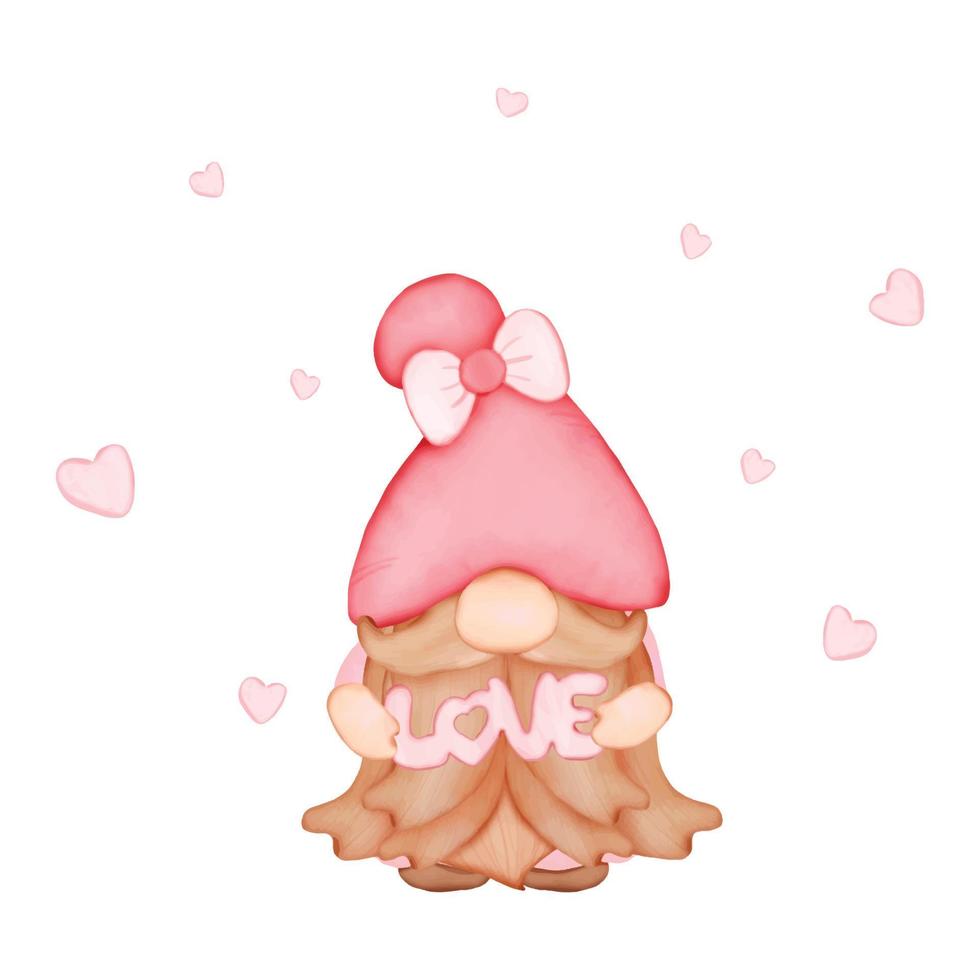 Vector - Digital painting watercolor cute Gnome holding word Love on pink concept. Clip art. Can be use for card, postcard, print. Valentine's day.