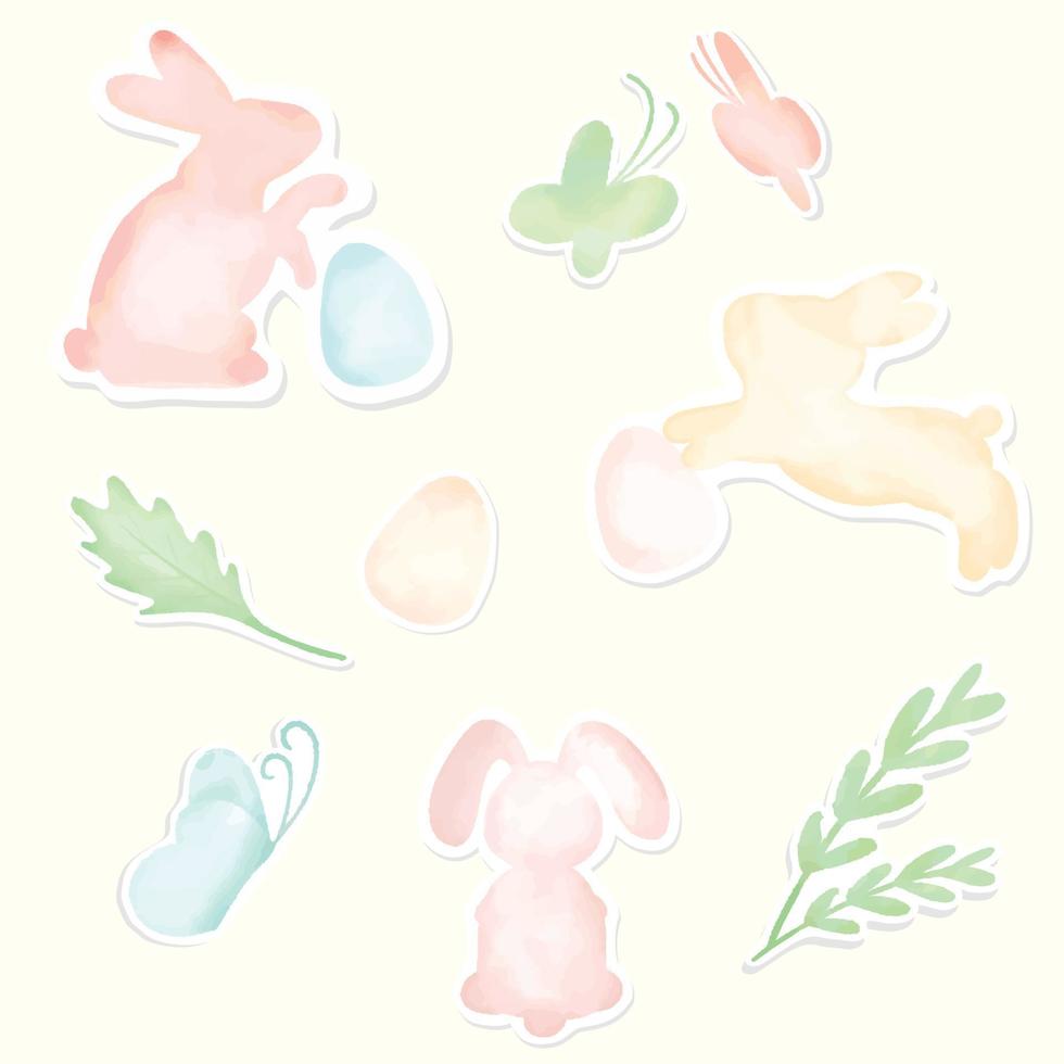 Vector - Digital watercolor painting about Easter. Element of rabbit, egg, green leaves, butterfly. Can be use for decorate for any card, poster, print, sticker, scrapbook. Cute image.