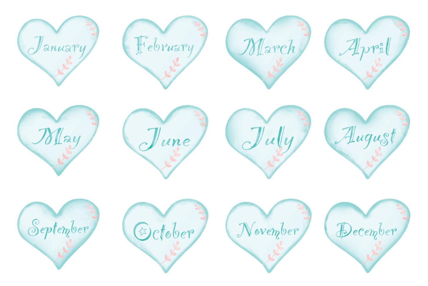 Vector - Collection of month. Beautiful digital painting 12 month on blue heart shape with pink leaves. Vintage style. Clip art.