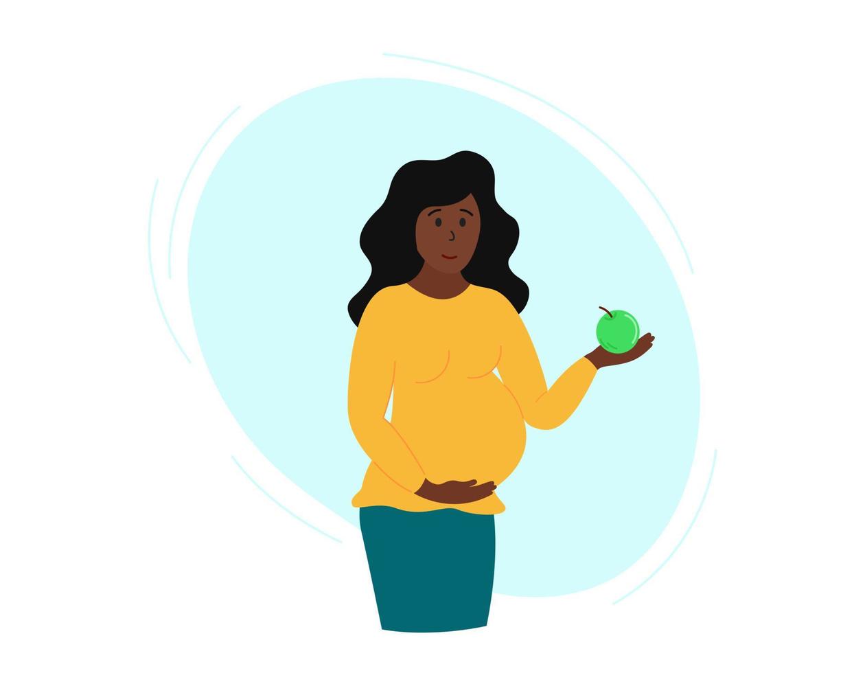 Pregnancy healthy nutrition. Pregnant african american woman holding apple in hand. Woman stands, smiles and touches belly. Vector flat illustration