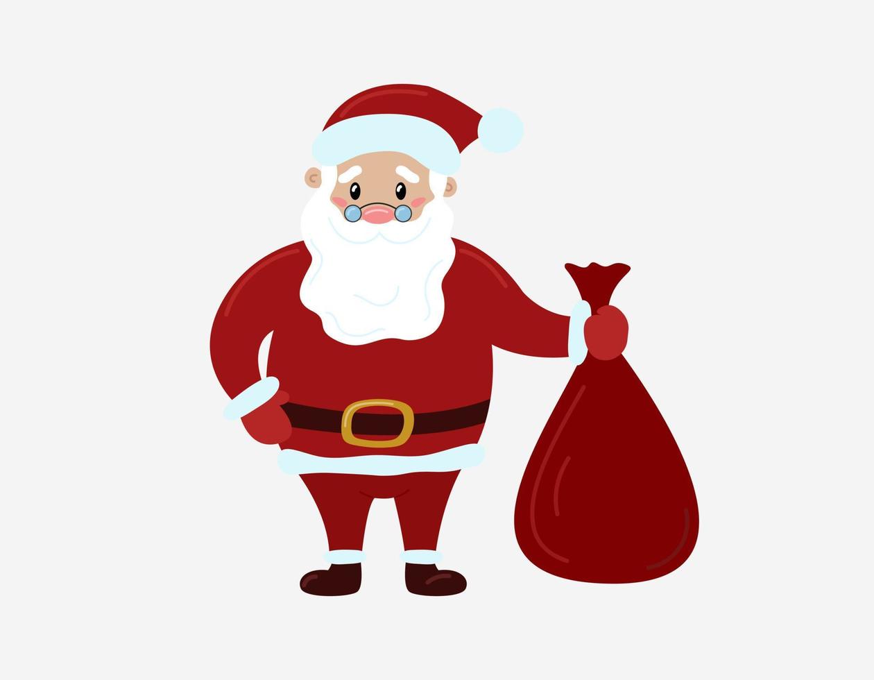 Cute Santa Claus holding sack. Christmas character and bag with gifts inside. Vector flat illustration