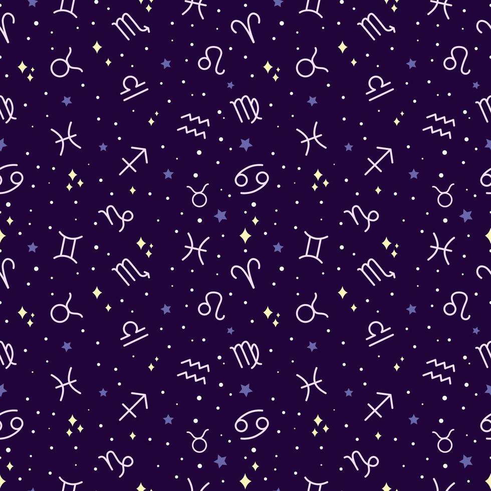 patrón de símbolos del zodíaco. vector fondo oscuro transparente para textiles, papel tapiz. signos del zodíaco y estrellas