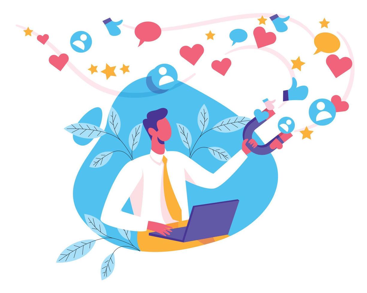 Man collecting likes with magnet illustration, Attraction magnet vector, Male character is holding magnet to collect like, Social media concept. Feedback and followers in Internet vector