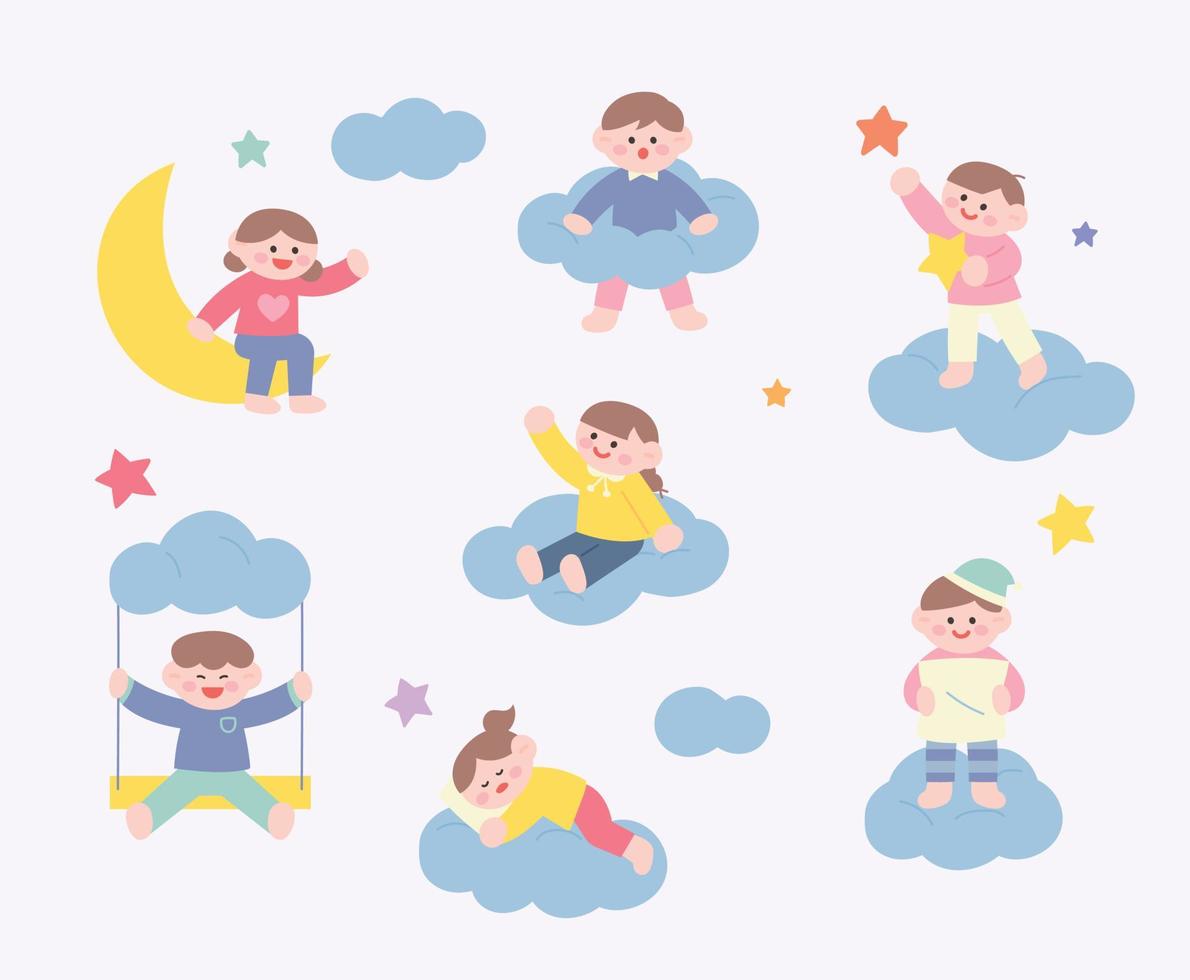 lindos niños juegan en las nubes. vector