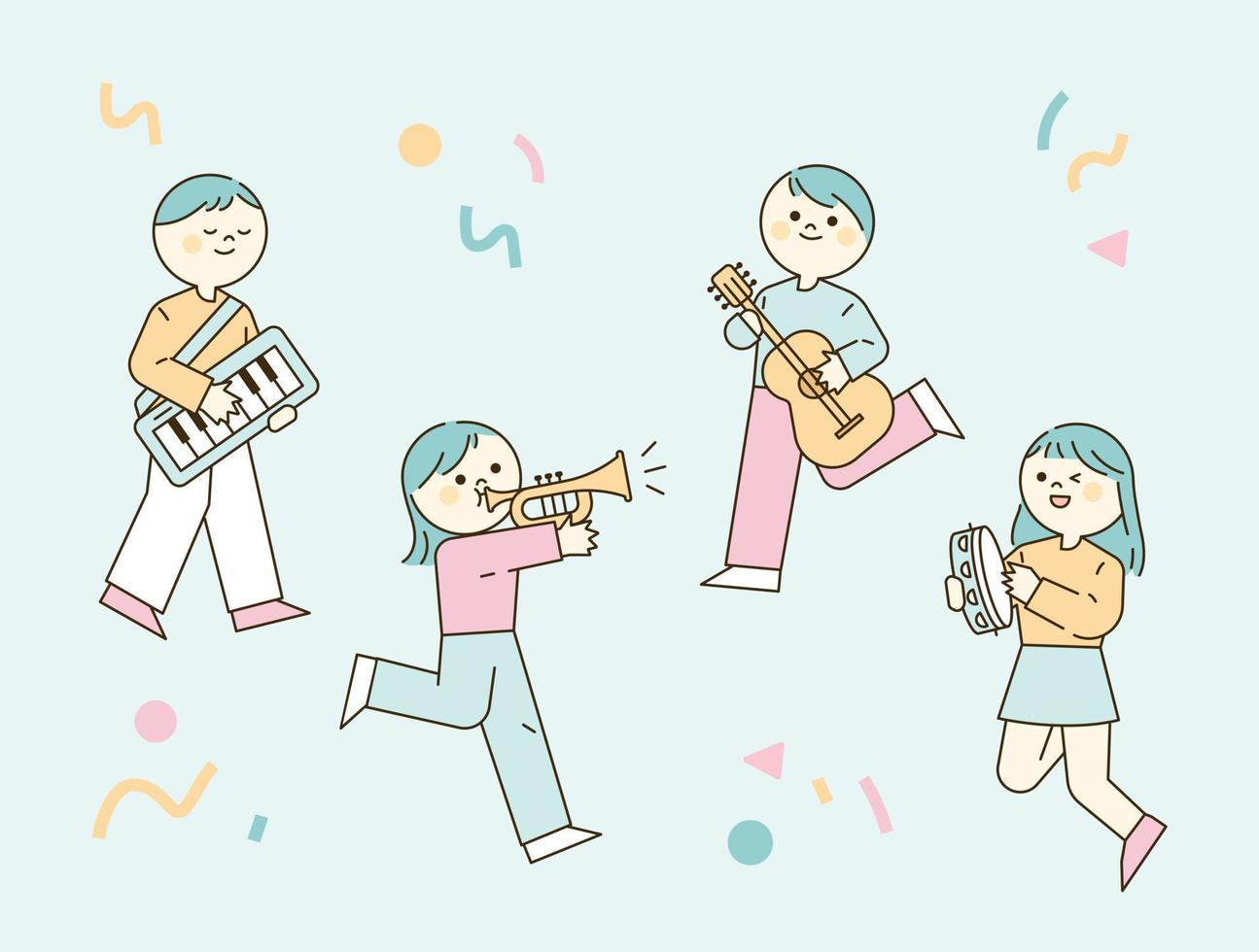 Cute people are playing musical instruments. Keyboard, guitar, trumpet, tambourine. vector