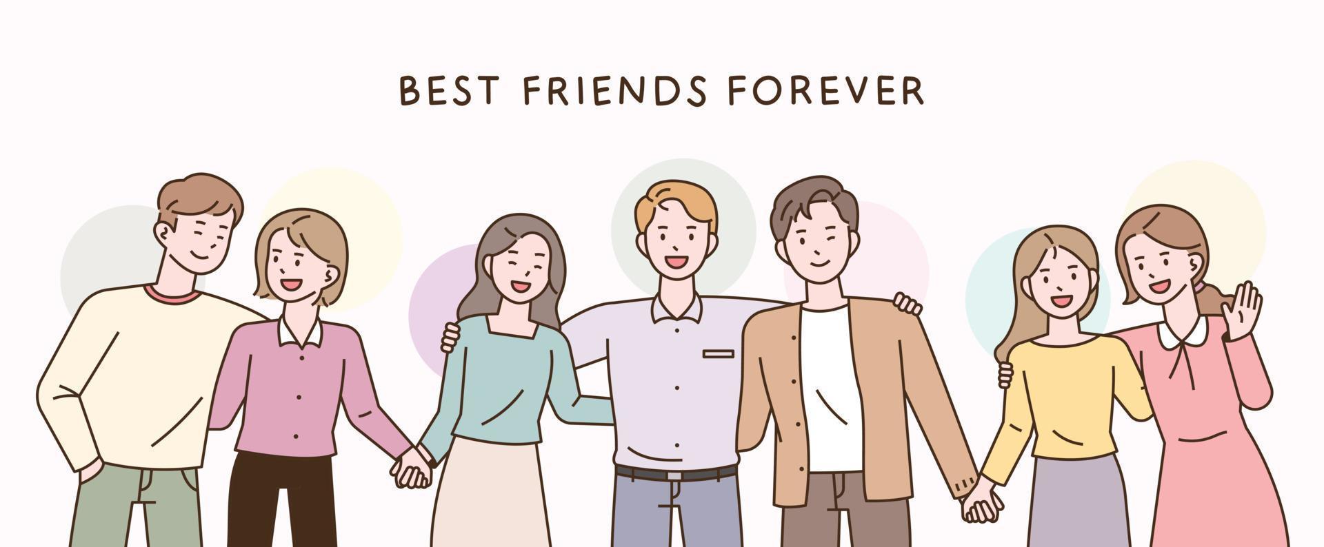 Best friends forever. Many people are shoulder-to-shoulder and holding hands. vector