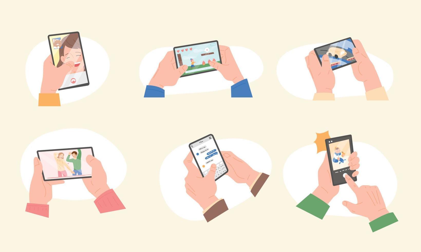 Various screens of smartphones and hands holding phones. vector