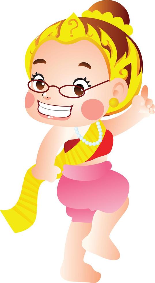 Linda chica tailandesa sonriente dibujando un personaje de dibujos animados kawaii vector