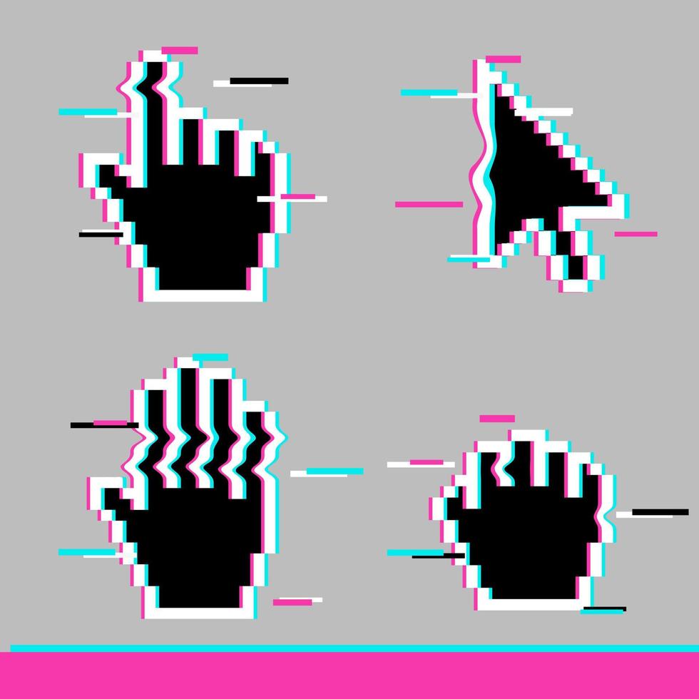 Black pixel glitch mouse hand and arrow cursor icon sign set vector