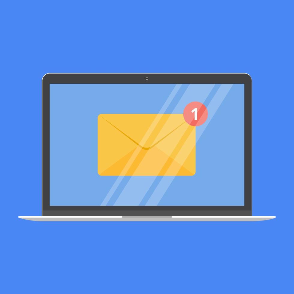 Modern device - laptop, notebook, netbook pc flat design with new message envelope on the screen icon vector illustration. No keybord technology concept of postal email sending and recieving letters.