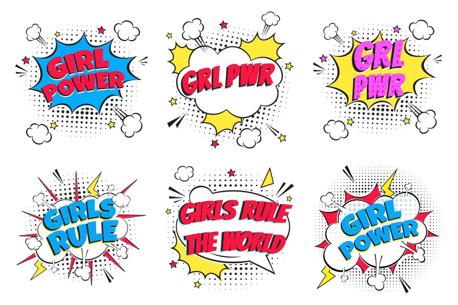 6 Lettering GRL PWR, GIRL POWER, GIRLS RULE Set In The Speech Bubbles Comic Style Flat Design. Exclamation Concept Of Comic Book Style Pop Art Voice Phrase Isolated On White Background. vector