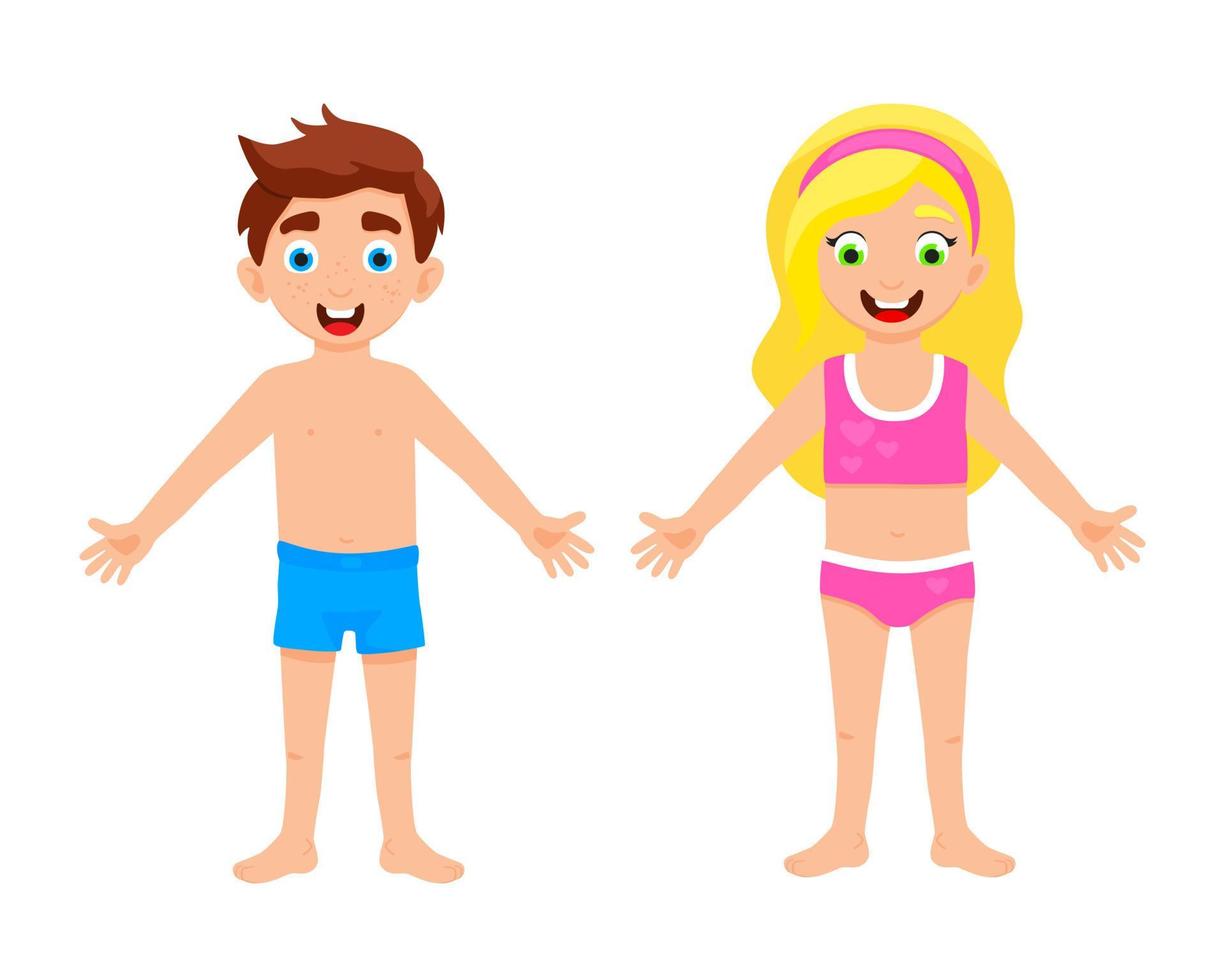 My body poster. Cute kids girl and boy shows his body parts medical anatomy chart vector