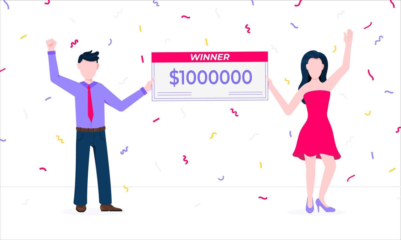 Happy lottery winners with prize paycheck. Fortune lottery or casino gambling lucky games concept flat style design vec vector