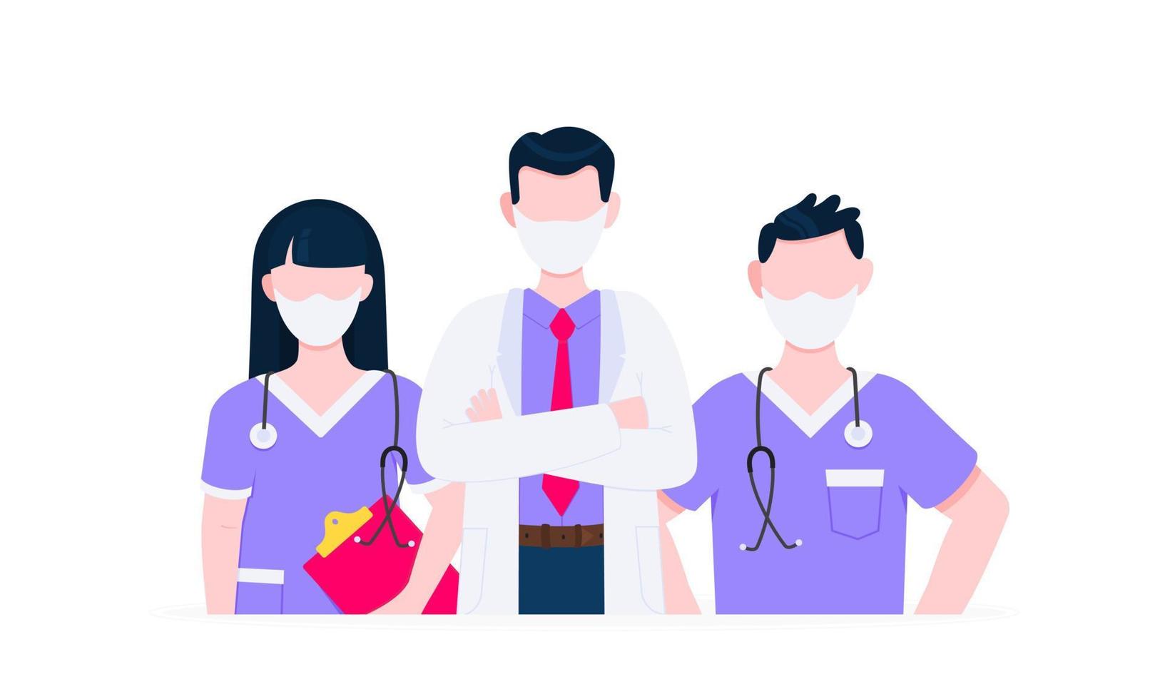 Successful team of medical employee doctors with face masks vector illustration