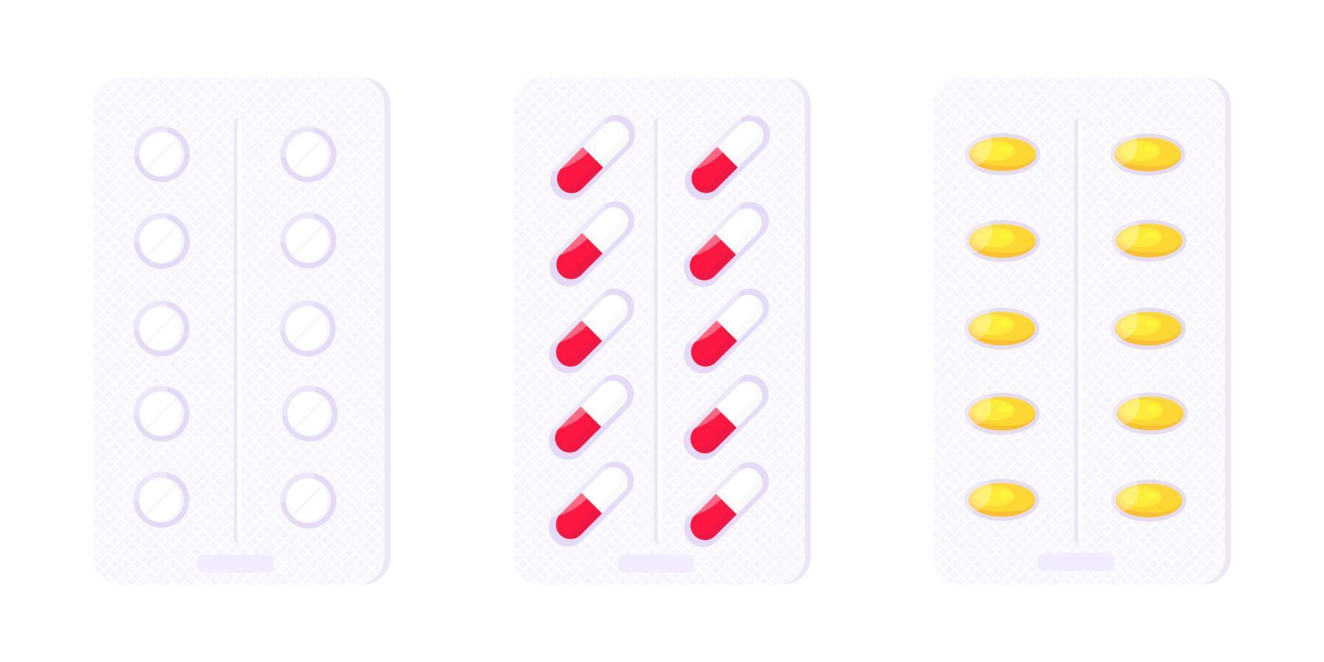 Pill blister set with capsules flat style design vector illustration isolated on white background.