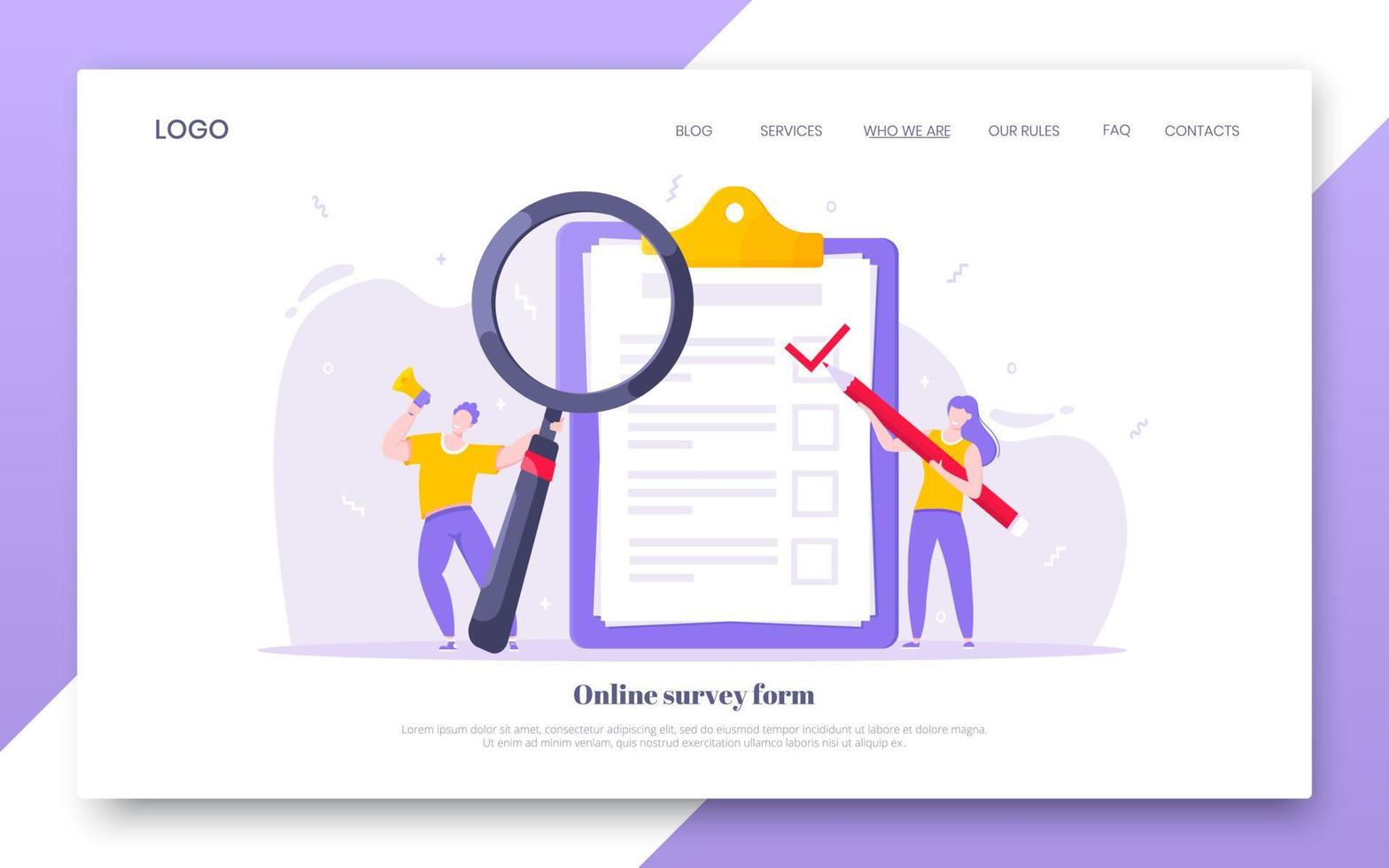 Online survey form business concept with tiny people with megaphone, pencil nearby giant clipboard complete checklist. vector