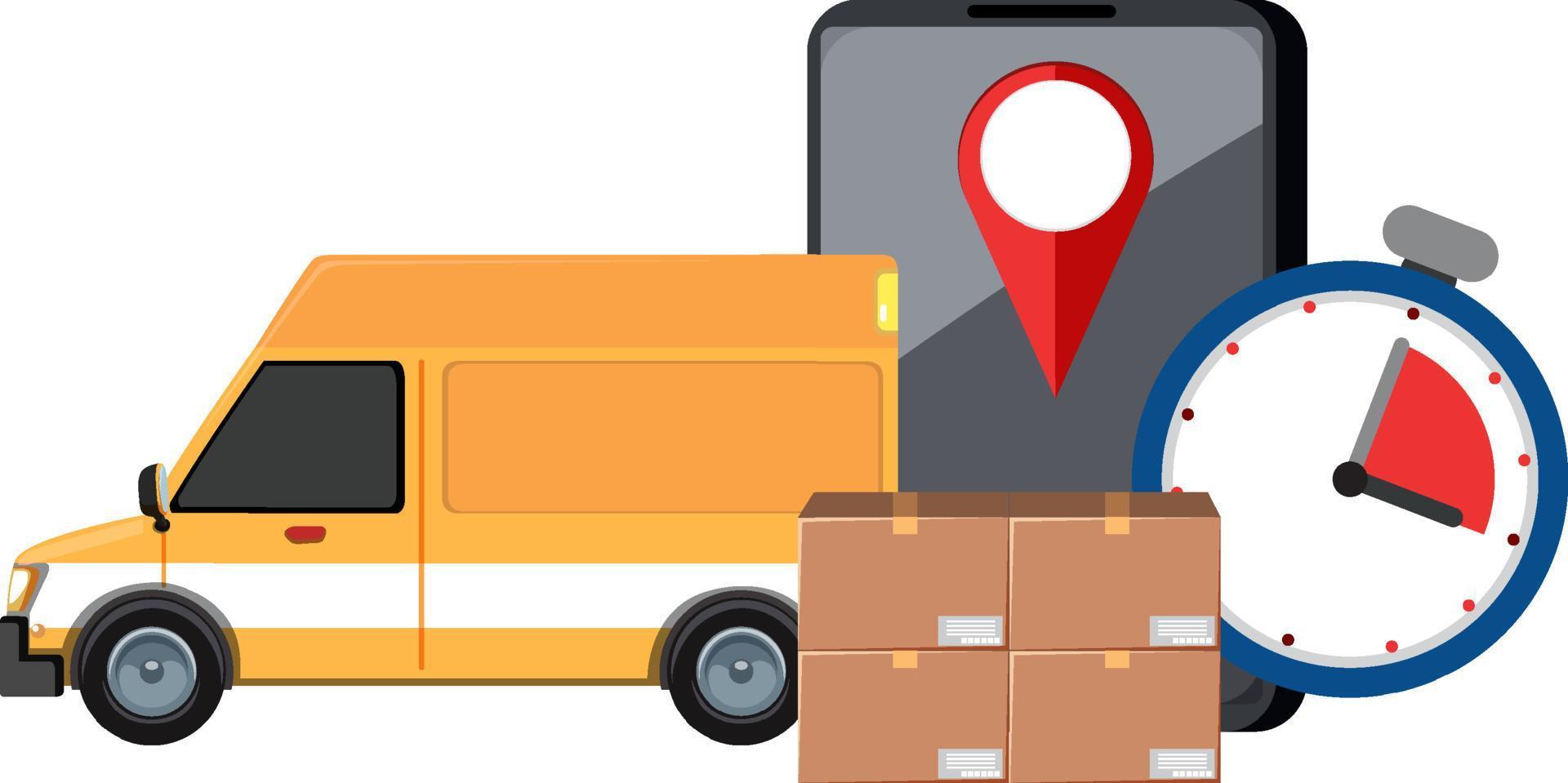 Delivery car with timer and location pin vector