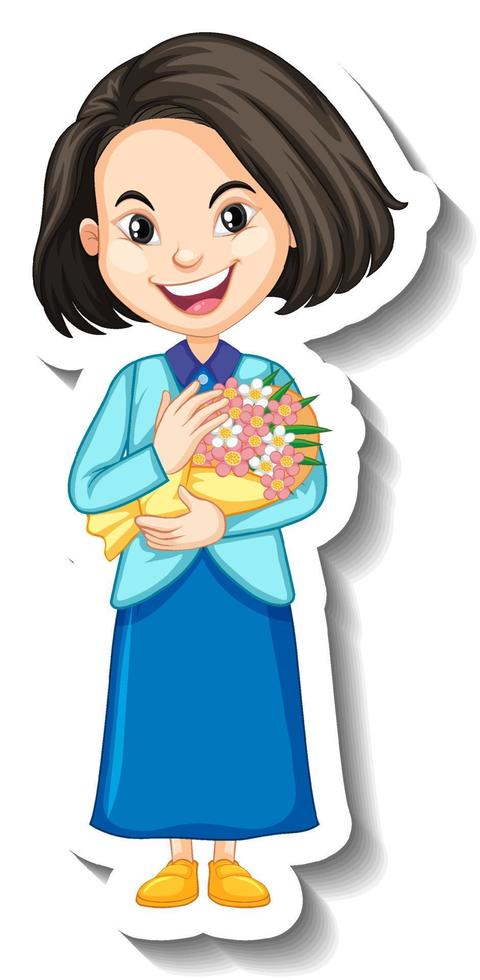A girl holding bouquet cartoon character sticker vector