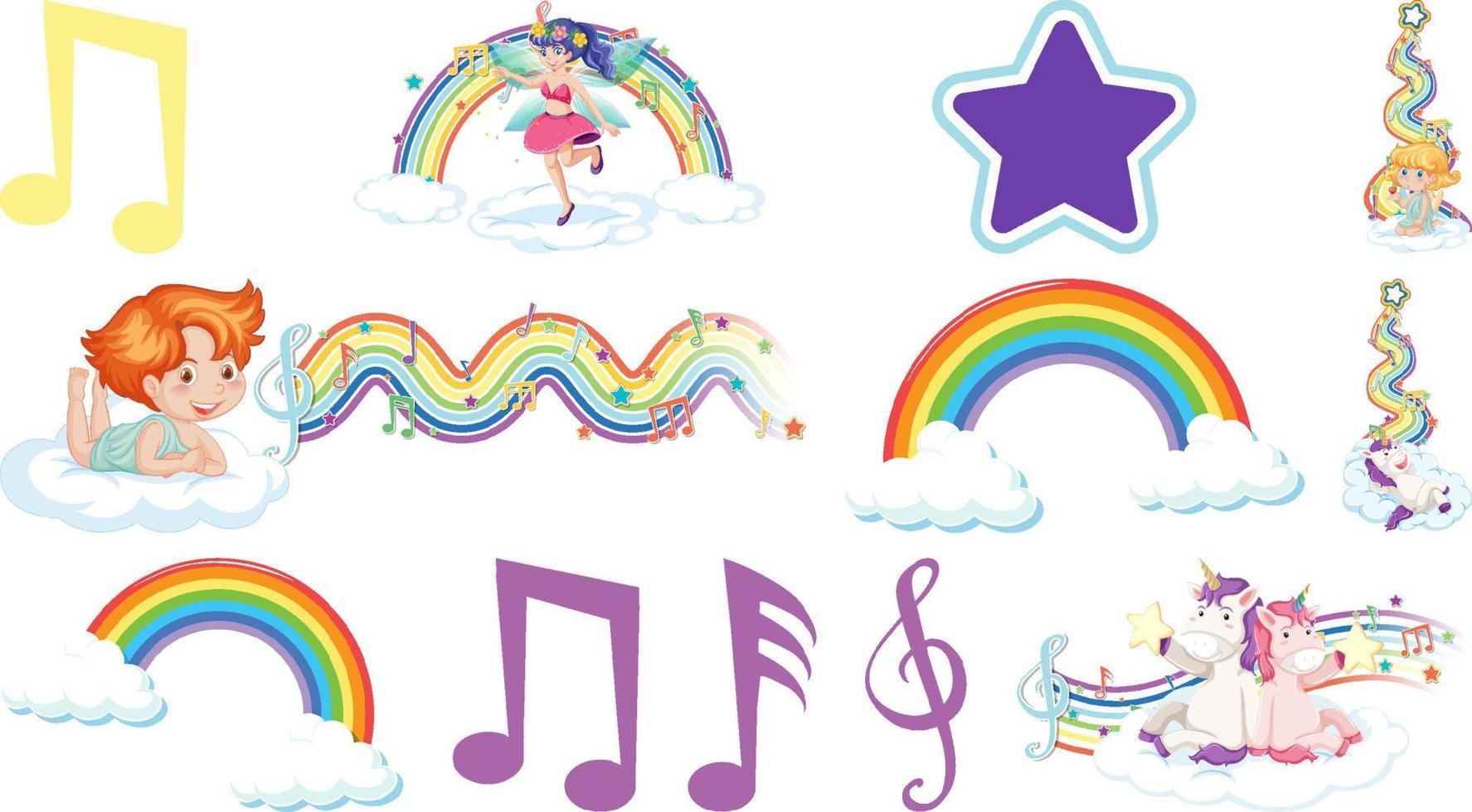 Set of fantasy fairies and cupids with rainbow elements vector