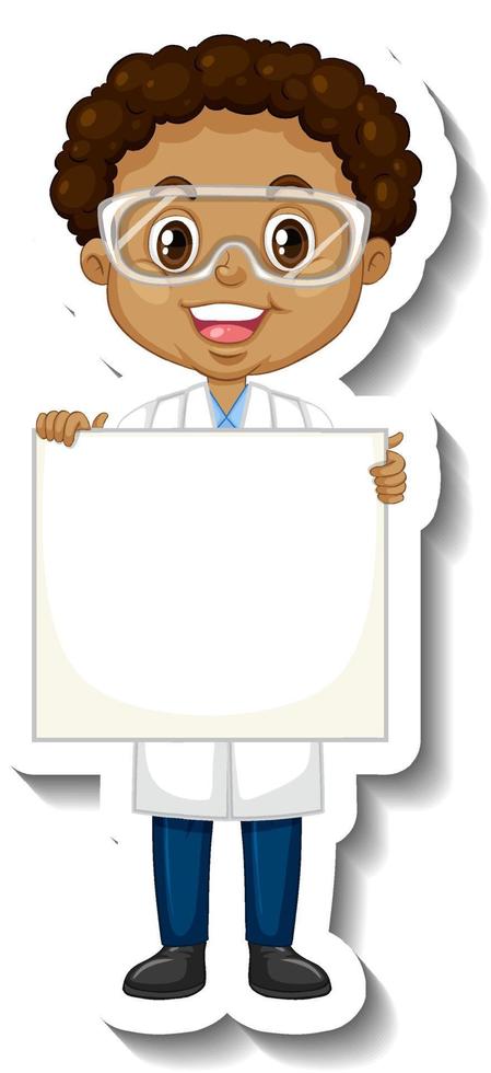 Scientist boy holding empty board in sticker style vector