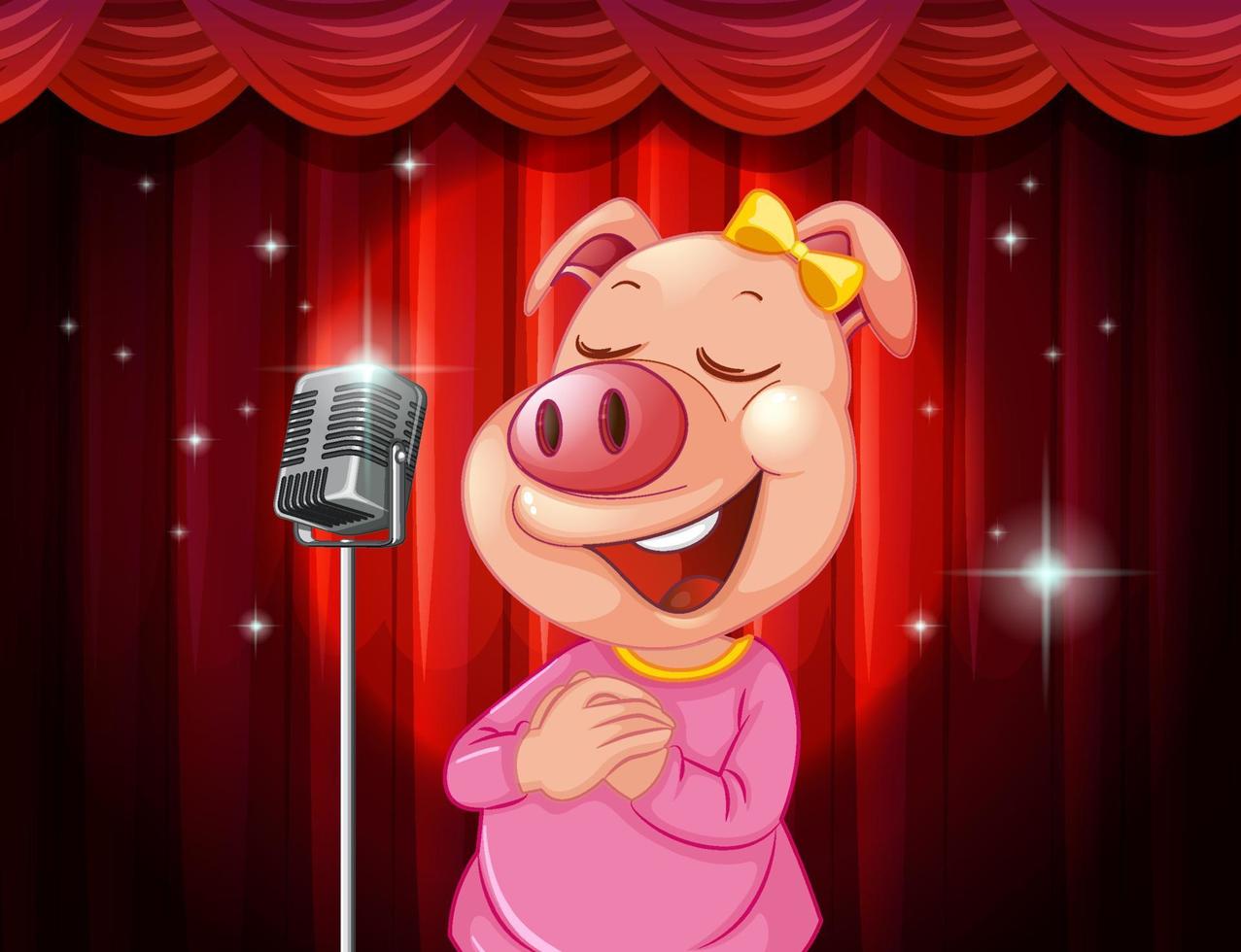 Little cute piglet singing on stage vector