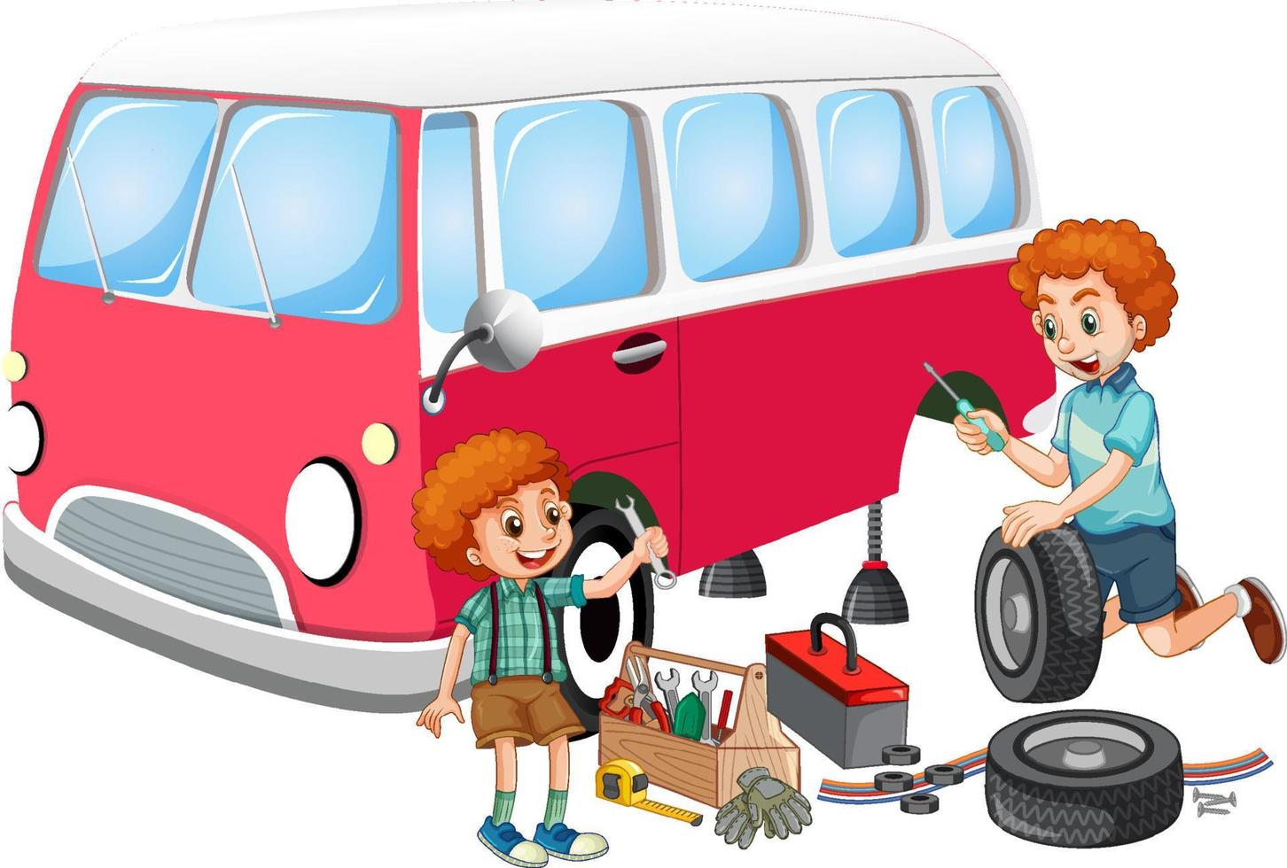 Dad and son fixing a car together on white background vector
