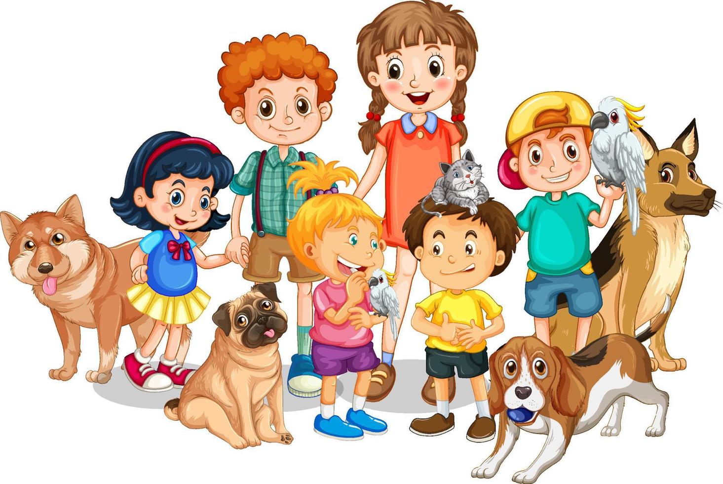 niños con sus perros sobre fondo blanco vector