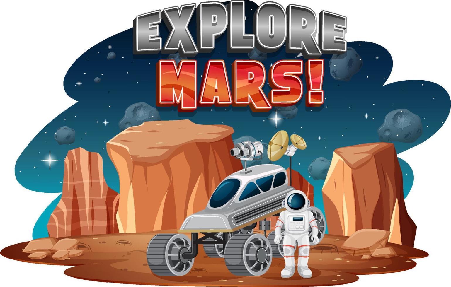 Explore Mars word logo with astronaut on planet vector