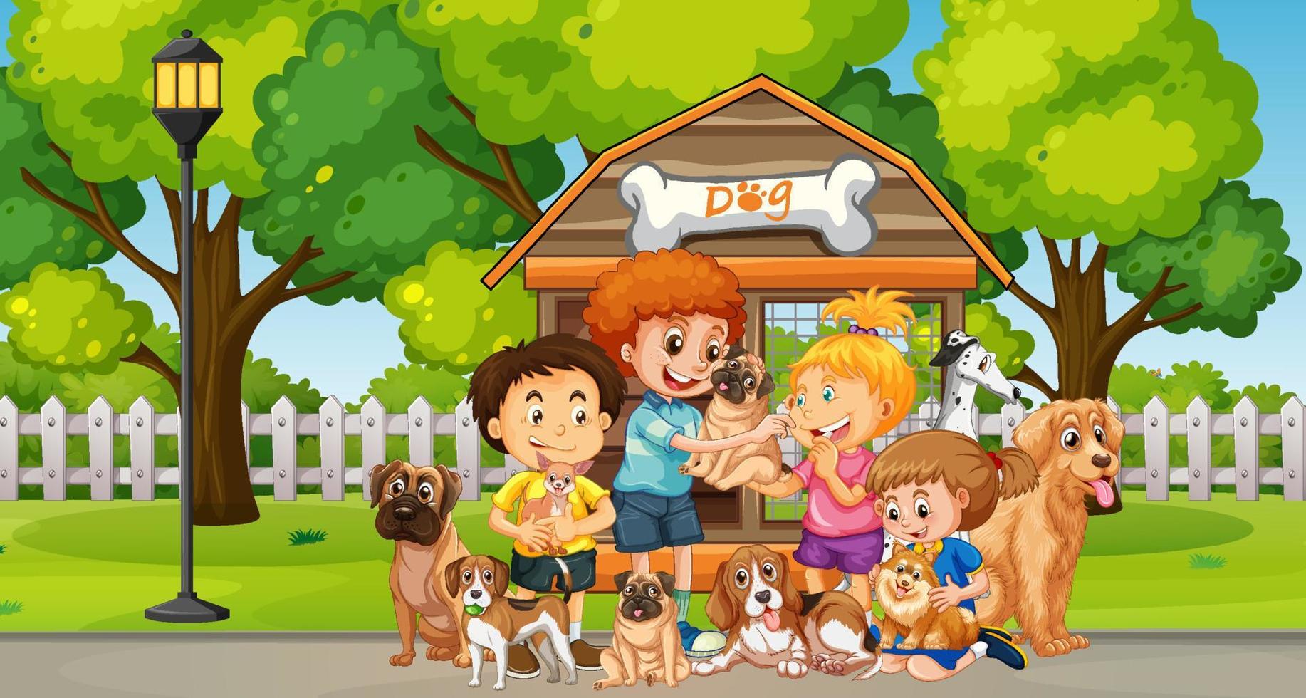 Park scene with children playing with their animals vector