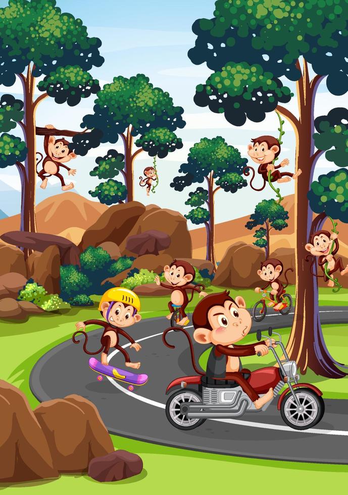Park scene with monkey racing riders vector