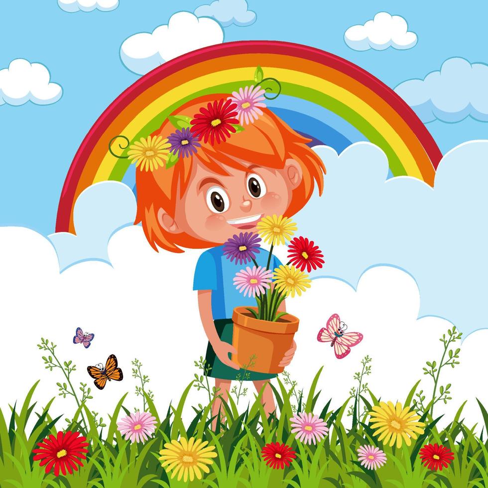 Happy girl holding flower pot in the garden vector