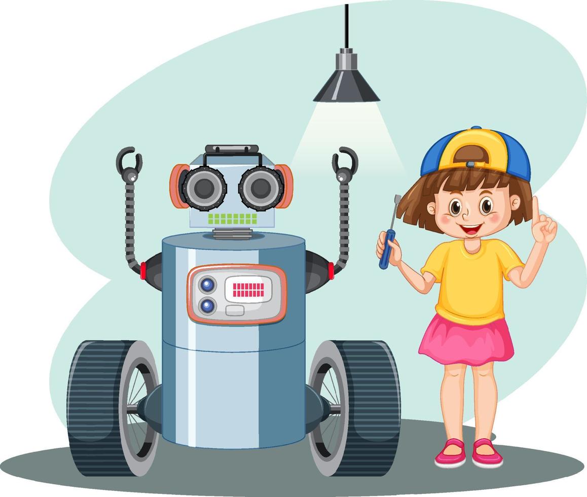 Young girl fixing a robot vector