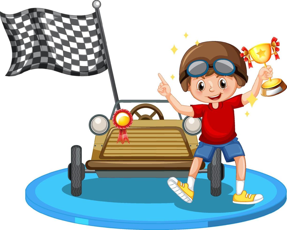 Winner boy holding trophy standing in front of race car vector