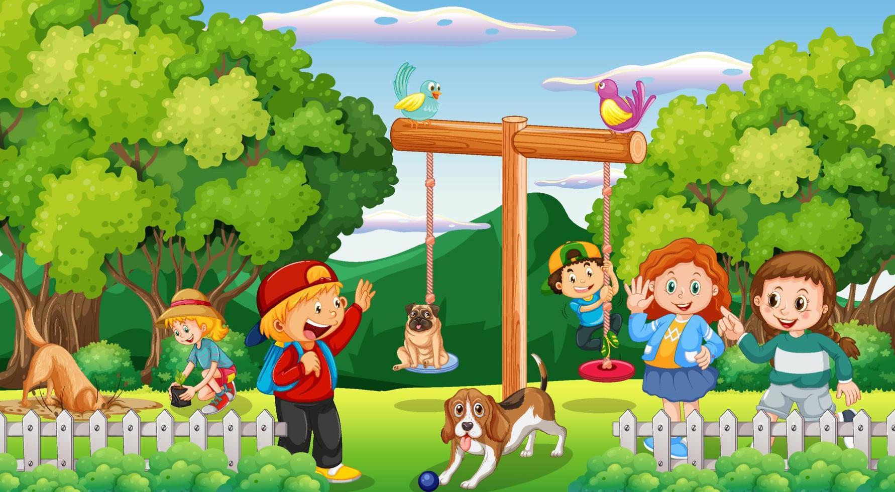 Escena del patio de recreo con niños jugando con sus animales. vector