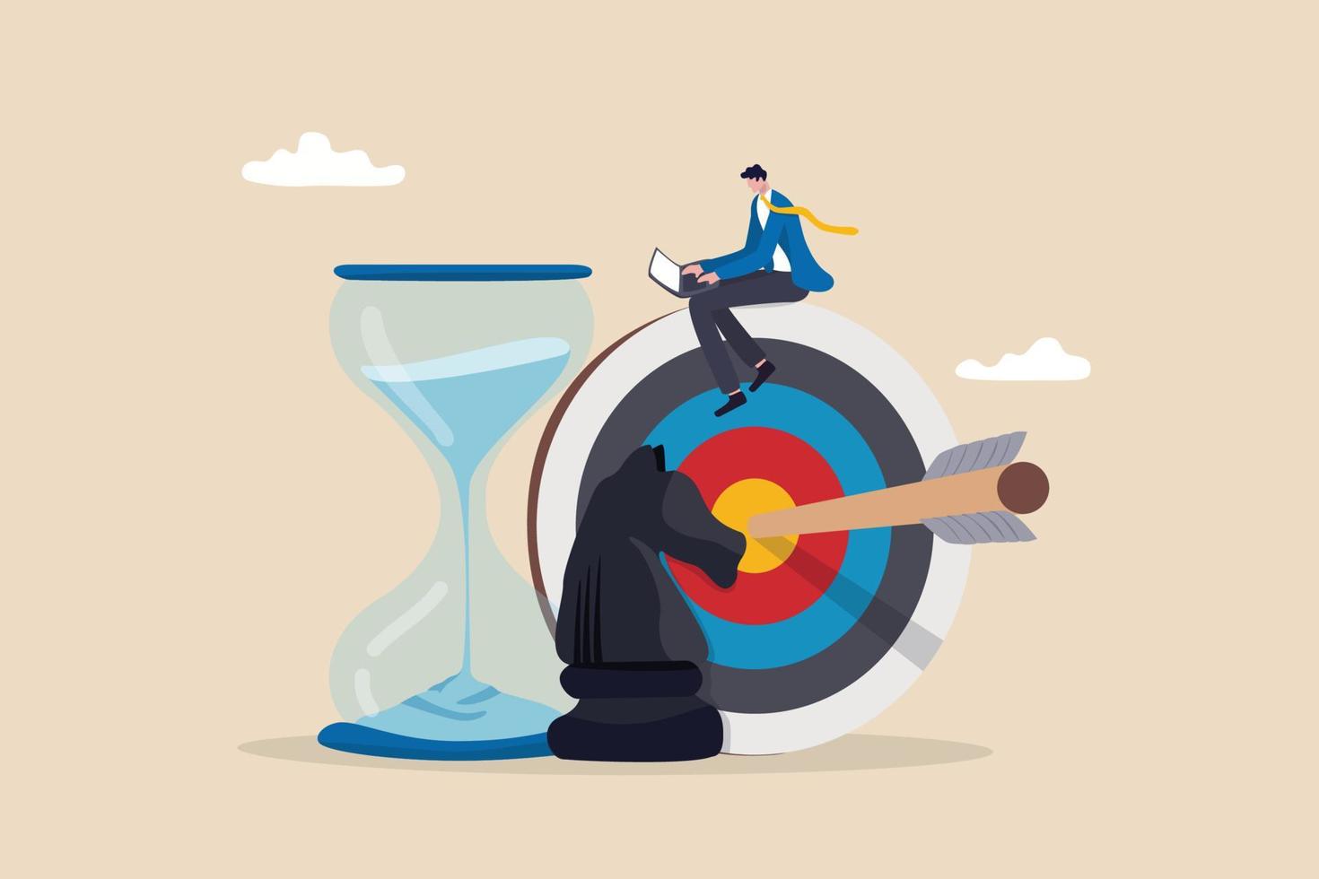 Business strategy, planning to achieve goal, management for company growth opportunity, market success goal, smart businessman working with computer sit on target with chess knight and sandglass. vector