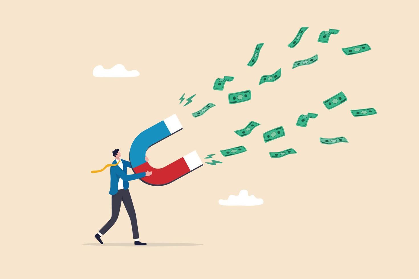 Money magnet, power to attract business opportunity and earn more profit or increase wealth, salary raise or earn more income concept, smart businessman hold high power magnet to draw money banknotes. vector