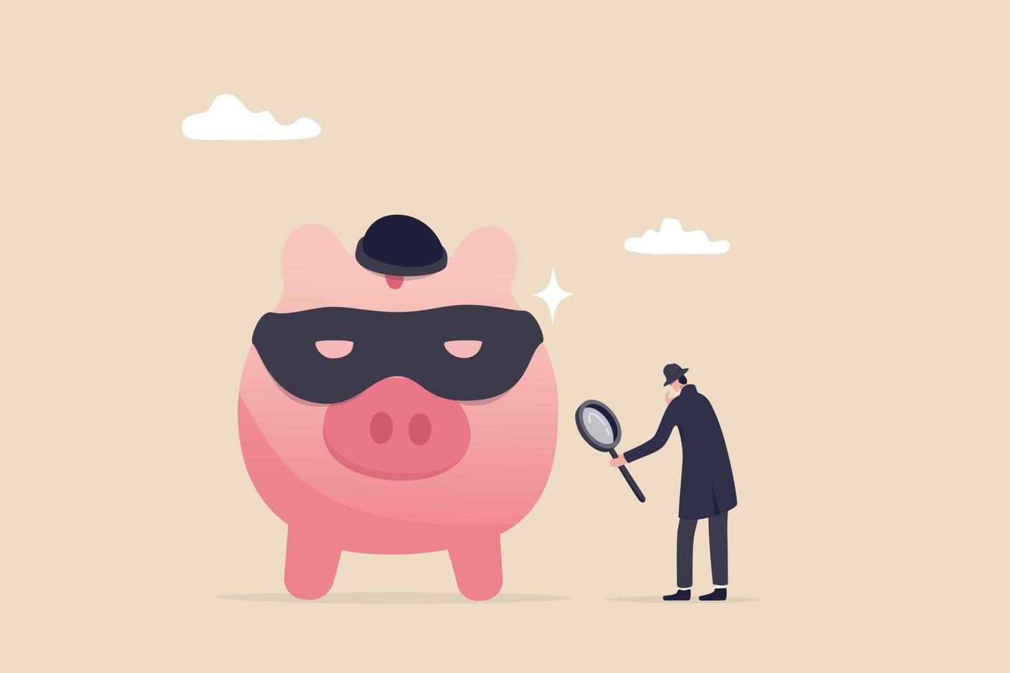 Financial crime, fraud, Ponzi scheme or illegal business, money laundering or fake investment concept, detective man with magnifying glass investigate on pink piggy bank wearing criminal mask. vector