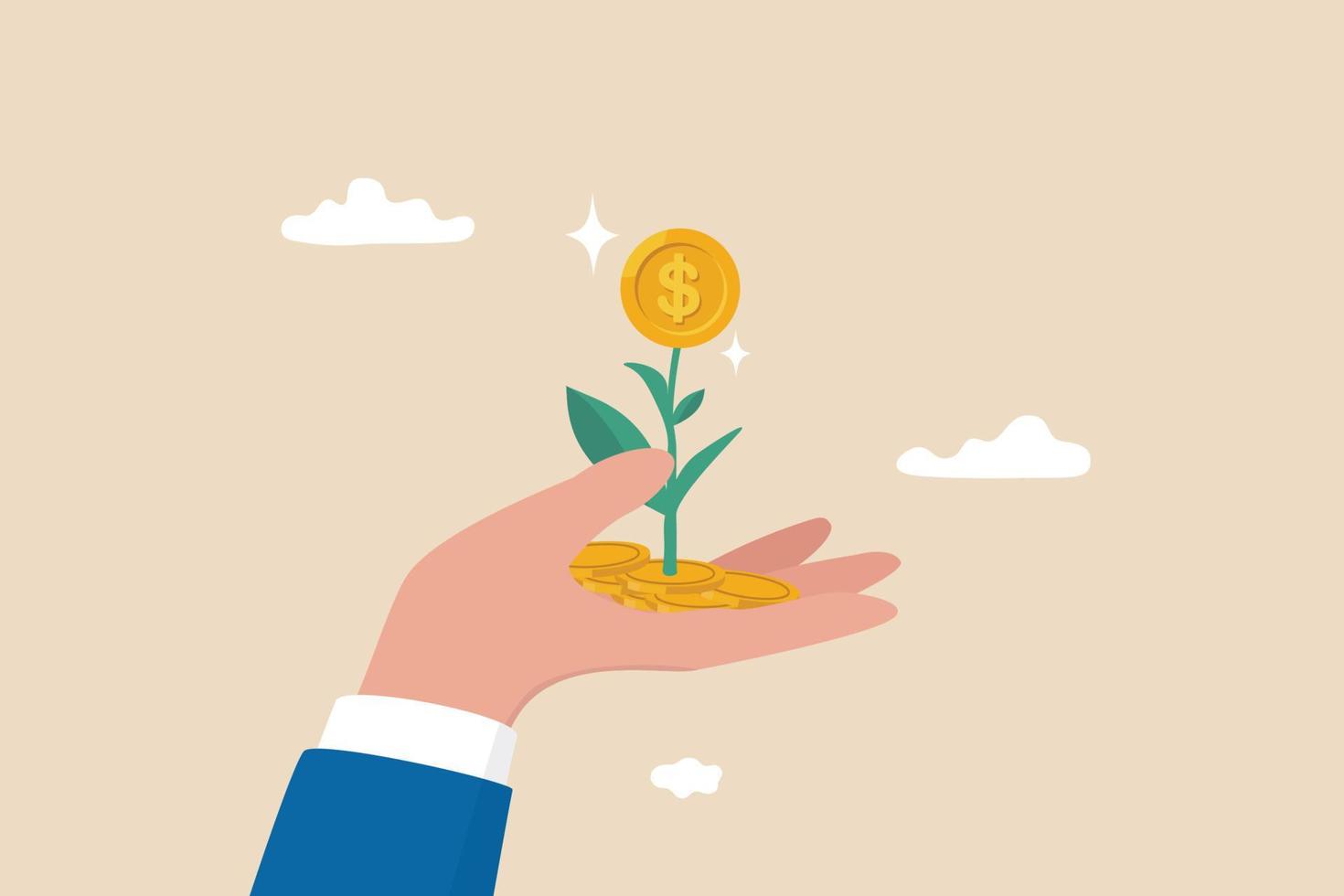 Investment growth, prosperity or earn more money from savings, mutual funds or opportunity to make profit and increase wealth, businessman investor hand holding money flower plant from pile of coins. vector