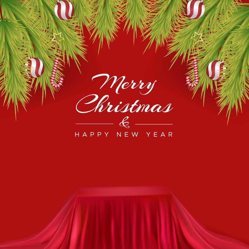 Merry Christmas greeting card with a podium upholstered in soft red cloth vector