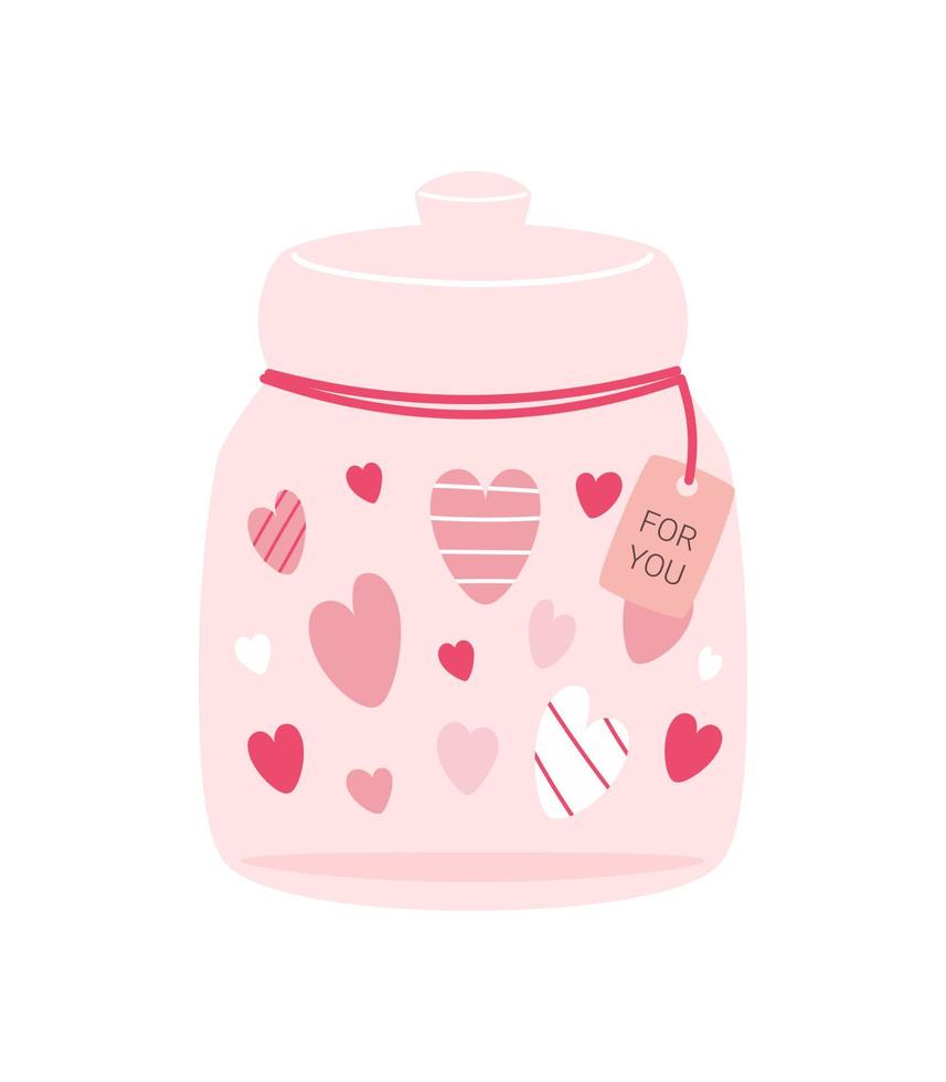 Cute jar with hearts and note.Happy Valentine's Day. Flat illustration with hearts and jar. Love and valentine's day concept. Trendy vector illustration for greetings, postcard.Isolated on white