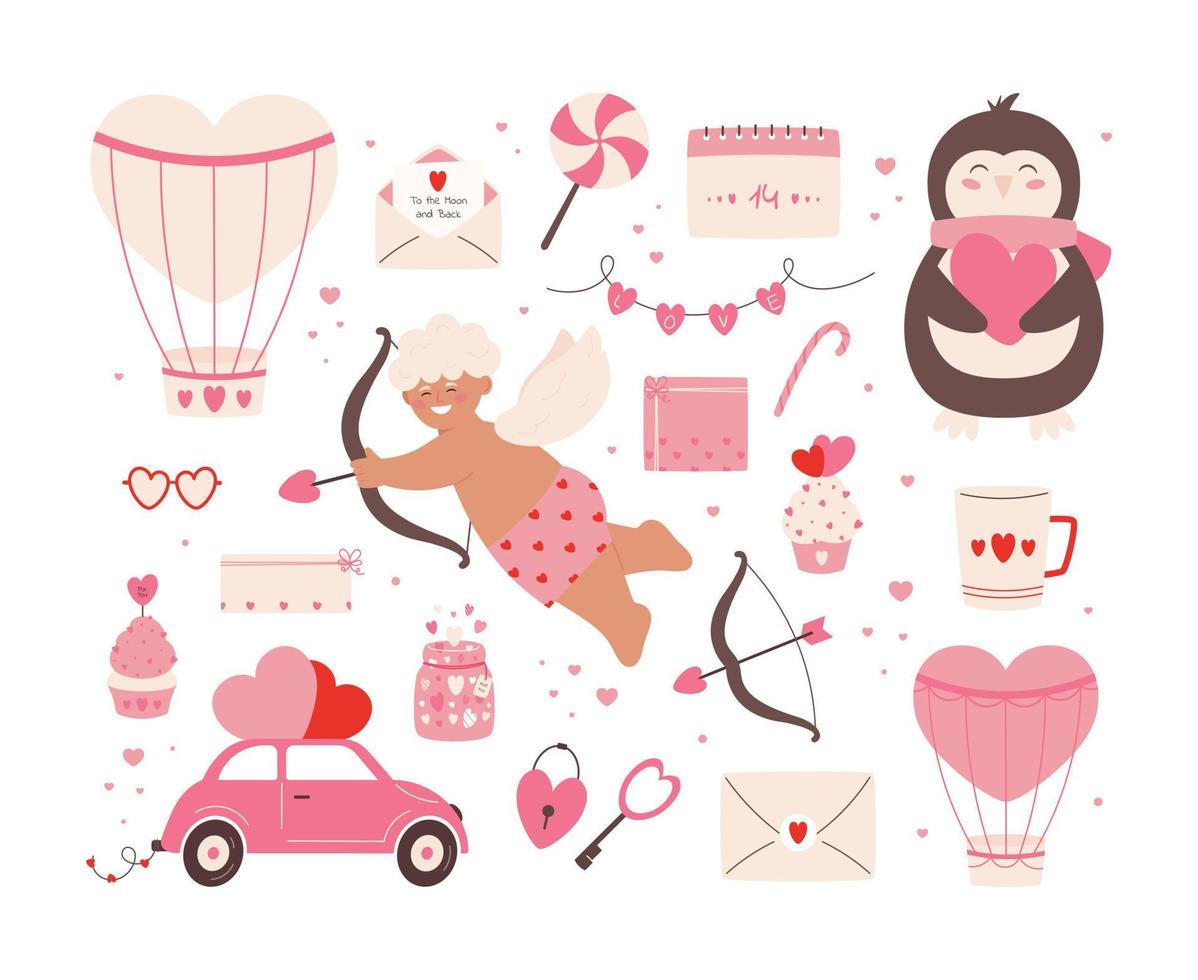 Día de San Valentín con Cupido, cajas de regalo, cupcakes, globos de aire, guirnaldas de coches, caramelos, sobres y otros elementos sobre fondo blanco. concepto de amor, boda y día de San Valentín. aislado en blanco. vector