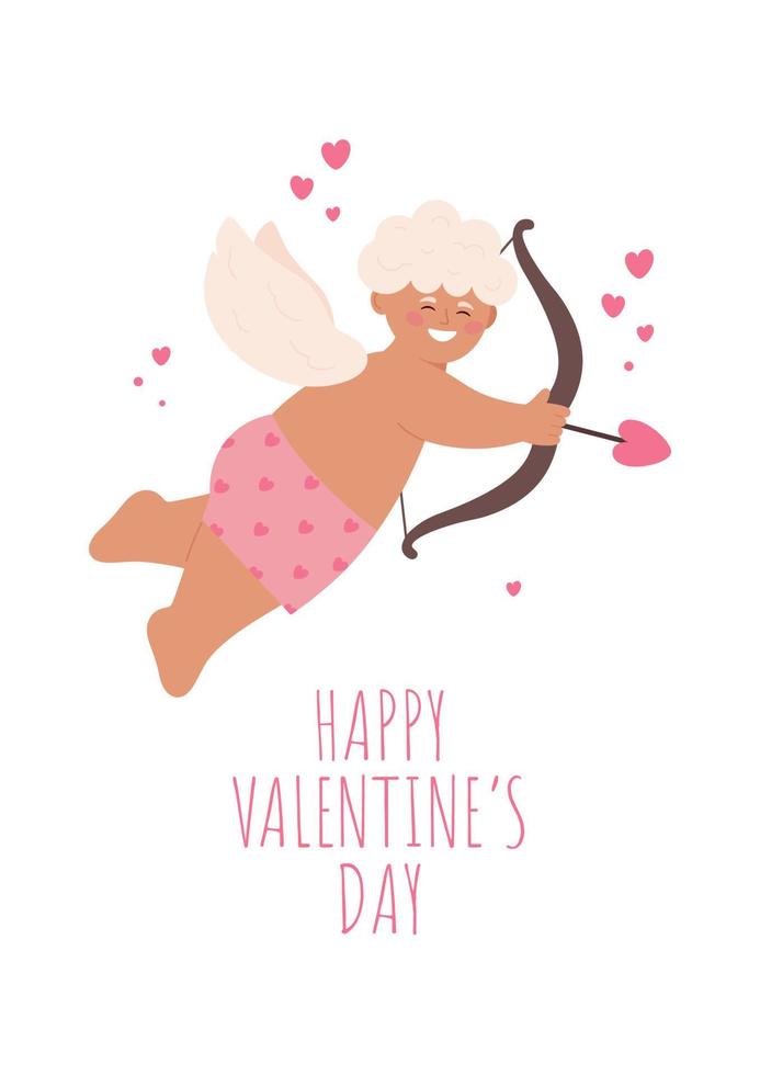 Valentine's day postcard.Happy Valentines day. Baby cupid with arrow. Festive valentine's day greeting card. Isolated on white. vector