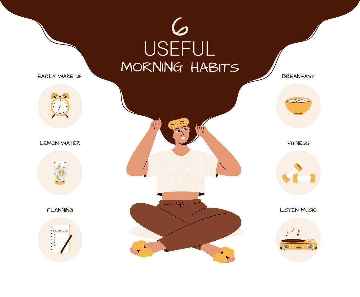Cute caucasian girl with long hair, sleeping mask and elements for morning routine lemon water,weights, muesli, alarm clock. White background. vector