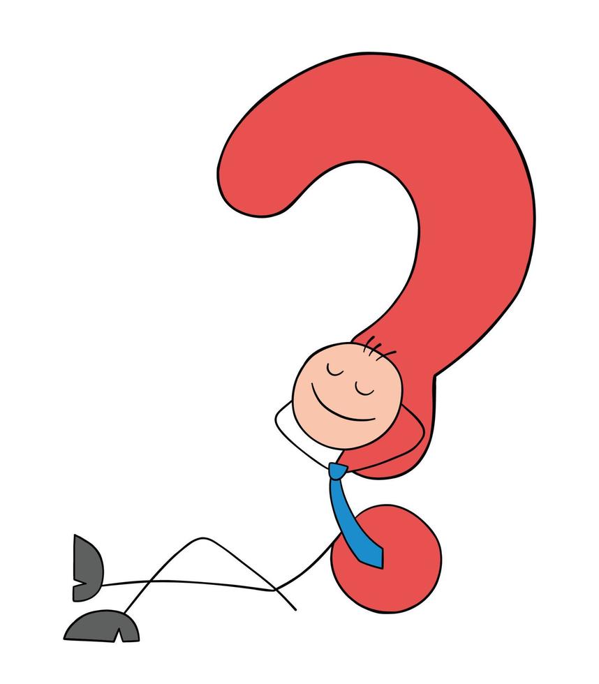 Stickman businessman leaning on question mark, lying down and happy to have solved the problem, hand drawn outline cartoon vector illustration