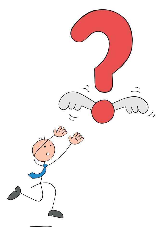 Stickman businessman chasing the winged flying question mark, trying to catch it, hand drawn outline cartoon vector illustration