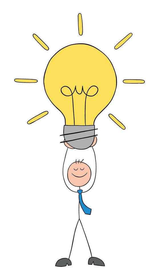 Stickman businessman lifts the light bulb up and is happy, hand drawn outline cartoon vector illustration